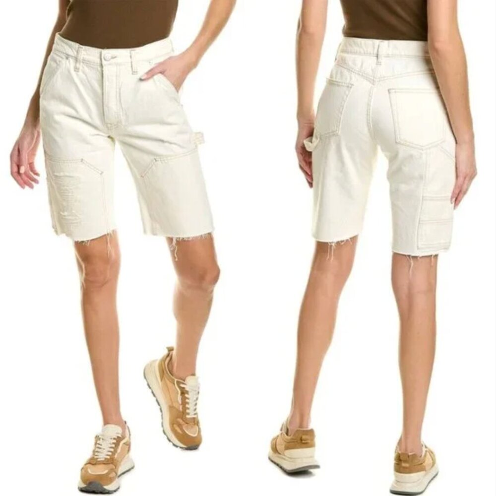 Frame Le Slouch Bermuda Shorts Denim Off White Distressed Raw Hem Sz 25 NEW